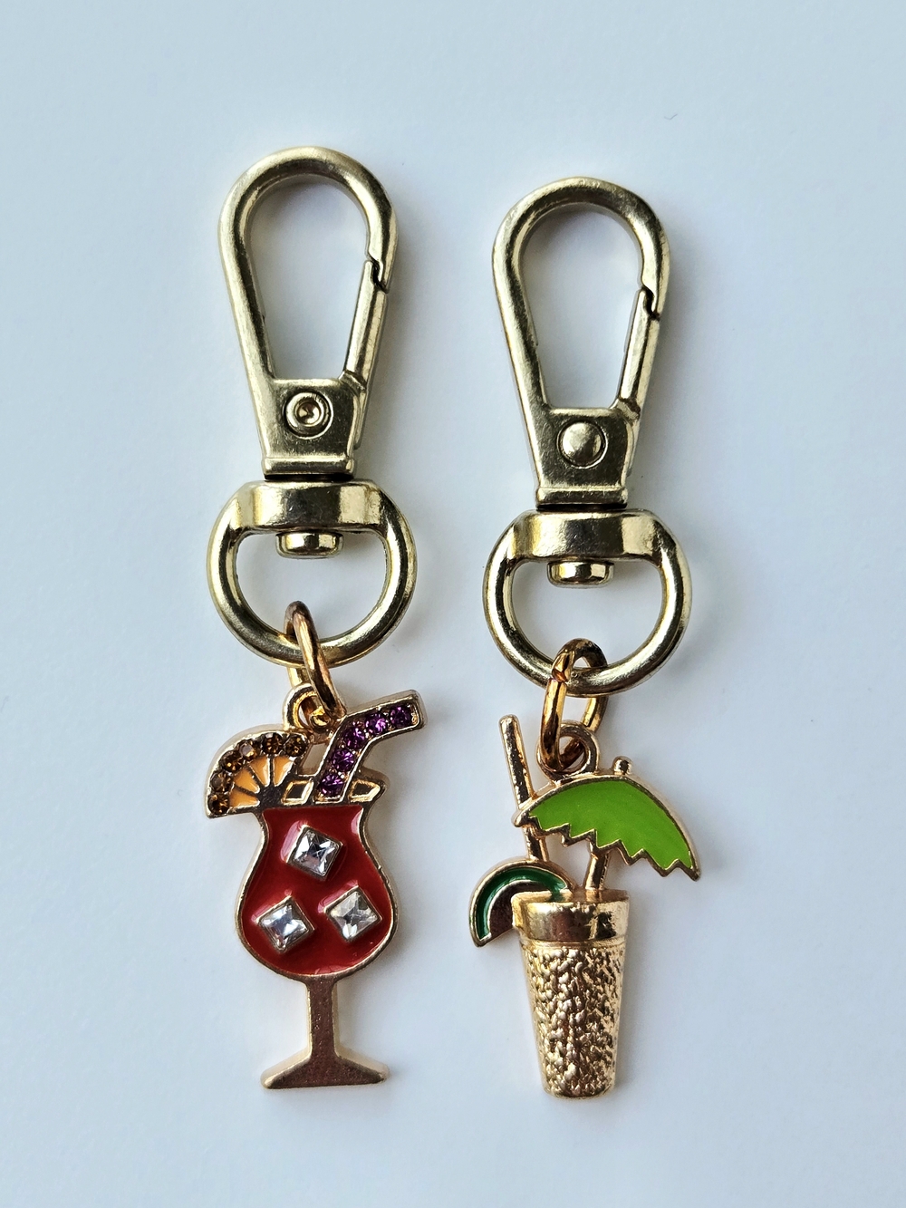 Kids Tropical Drink Keychain Set - Gold Metal with Red & Green Charms